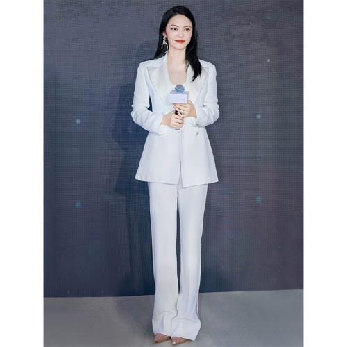 姚晨垂感闊腿褲休閑時髦白色西裝