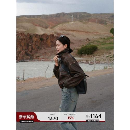 YANGLE_短款真皮皮衣外套女2025春季新款手工復古擦色棕色皮夾克