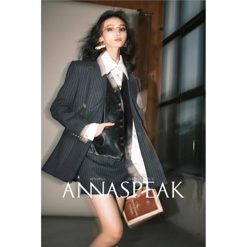 ANNASPEAK Retro City古著風花紋肌理皮革V領馬甲AS冬季新款外套