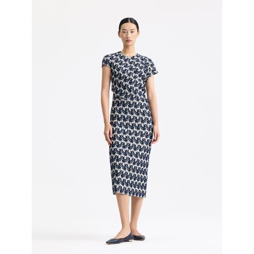 Ms MIN藏青浮雕提花不對稱斜裁連衣裙