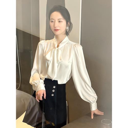 2025年新款白色蝴蝶結襯衫女時尚洋氣高端職業法式雪紡飄帶上衣秋