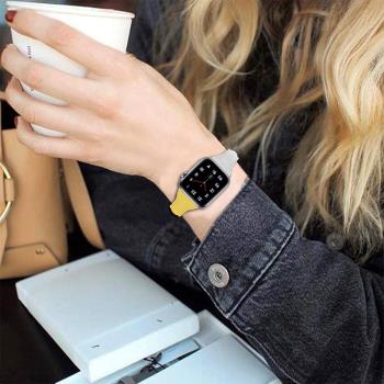 適用Apple Watch876SE真皮撞色表帶蘋果手表iWatch543T型時尚腕帶