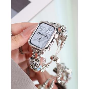樂雨適用於蘋果手錶8/9/10表帶iwatch7/6/5代apple watch Ultra金屬se潘多拉鑲鉆鏈式不銹鋼腕帶保護殼女款se