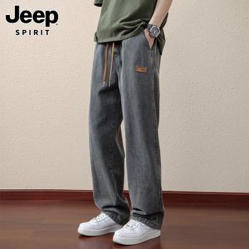 Jeep吉普黑色牛仔褲男款秋季新款美式寬松直筒闊腿潮牌休閑長褲子