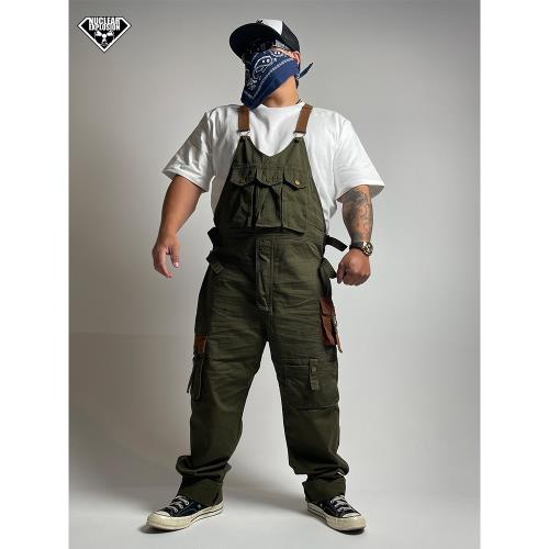 核爆炸潮男機車服阿美咔嘰復古帆布多口袋寬松大碼連體工裝背帶褲