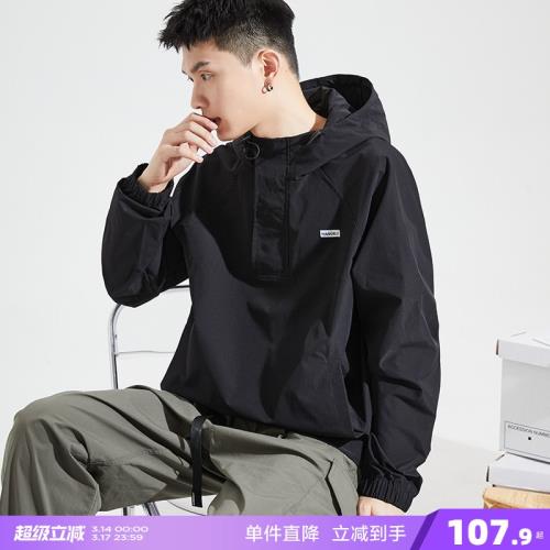 唐獅春秋新款梭織半拉鏈衛衣連帽男士寬松半開胸黑色外套潮