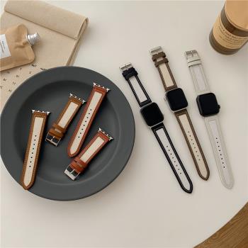 適用iwatch7表帶蘋果手錶apple watch6/se/5/4/3/2/1真皮表帶帆布韓系ins風拼色皮質撞色皮帶小眾創意41/45mm