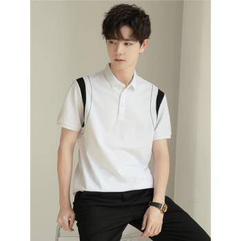 夏季短袖Polo衫男2023新款拼接撞色高端白色修身簡約珠地棉T恤潮