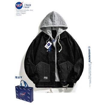 NASA聯名假兩件連帽外套男士春秋季新款美式潮牌ins牛仔夾克上衣