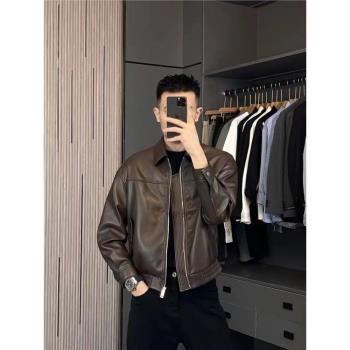 輕熟風皮夾克男春秋季翻領機車服痞帥氣外套休閑高品質軟皮衣潮牌