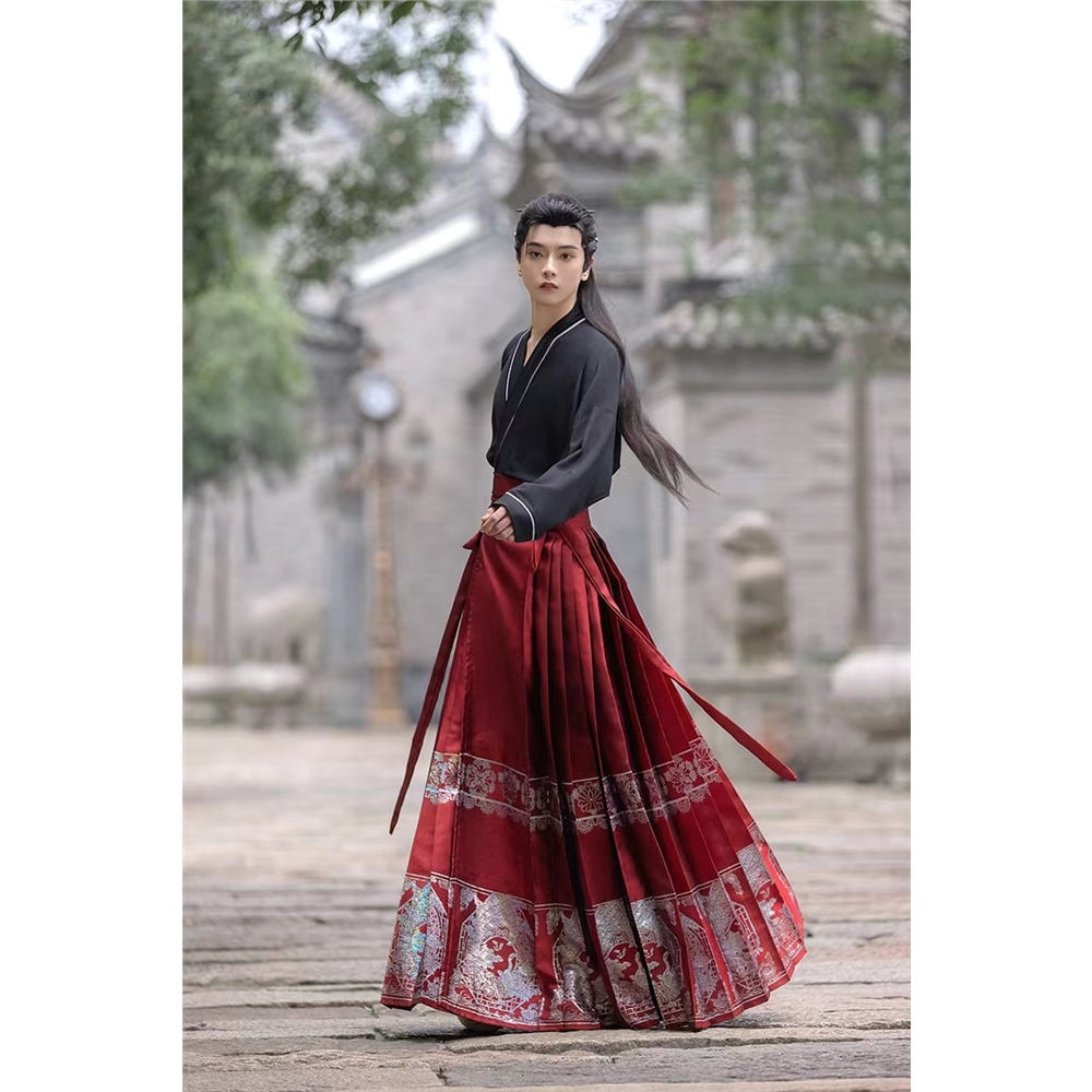 血雨探花 織錦馬面裙 赤黒色ロングスカート 新中式 明製漢服 花城