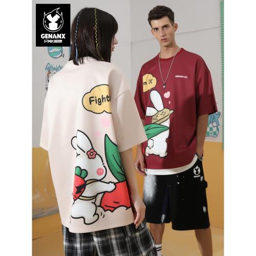 GENANX閃電潮牌夏季新款重磅情侶短袖T恤淺色ins風印花設計