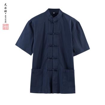 夏季短袖襯衫中青年盤扣上衣亞麻