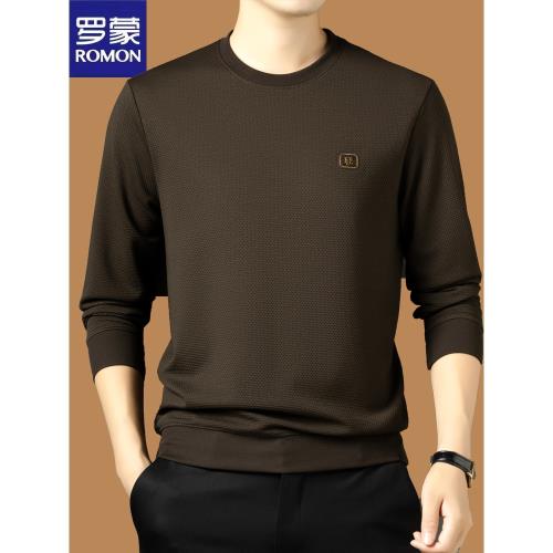 Romon/羅蒙秋季男士圓領衛衣寬松休閑運動網眼長袖T恤上衣打底衫