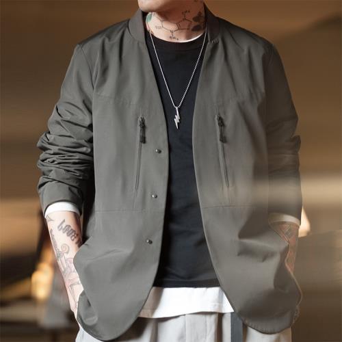 馬登工裝美式休閑無領灰色西裝夾克機能西服通勤百搭單西外套男春