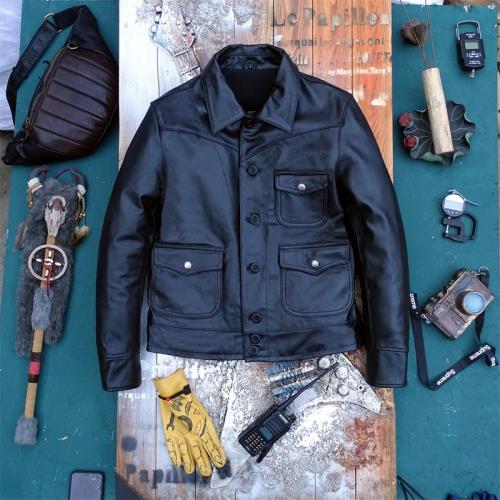 甩貨價！純頭層牛皮真皮皮衣男翻領修身單排扣三兜皮夾克機車外套