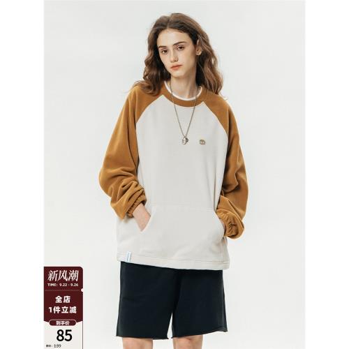 714street搖粒絨情侶衛衣男圓領2023秋季新款日系衣服刺繡套頭衫