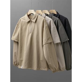 純團美式重磅假兩件長袖polo衫男秋季潮流拼接翻領半拉鏈衛衣外套