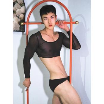 歐美性感內搭上衣透明男士半截T恤小眾設計男生薄款修身長袖圓領