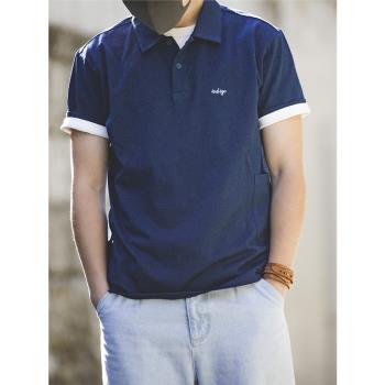 馬登工裝日系復古藍染POLO衫男短袖T恤純色棉夏季翻領上衣男體恤