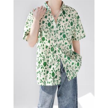 高級感日系顯白碎花短袖襯衫男夏威夷沙灘風襯衣寬松免燙夏季潮流