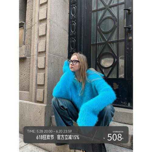 SOURPLUM原創設計 大翻領仿貂絨寬松藍色高領拉鏈毛衣 親膚不掉毛