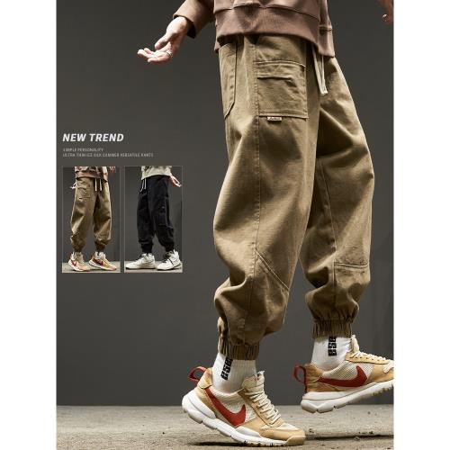 工裝褲男美式復古ins潮牌拼接口袋寬松束腳機能褲秋季新款九分褲