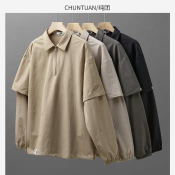 純團美式工裝假兩件POLO襯衫男長袖秋季山系戶外半拉鏈襯衣外套潮