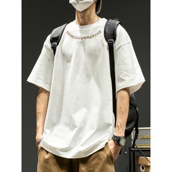 白色t恤男夏季新款潮牌立體字母設計感半袖重磅純棉圓領短袖上衣