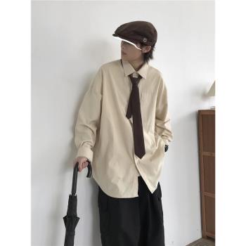 春秋日系復古燈芯絨長袖襯衫男女生純色寬松休閑工裝襯衣外套打底