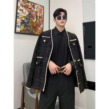 秋冬款小香風西裝韓版男士寬松格子西服發型師青年休閑痞帥外套潮