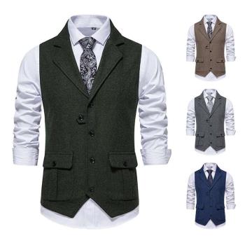 New Mens Herringbone Tweed Suit Vest Retro Lapel Solid Colo