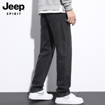 Jeep吉普男士牛仔褲夏季新款寬松闊腿褲潮牌帥氣黑色直筒長褲子男