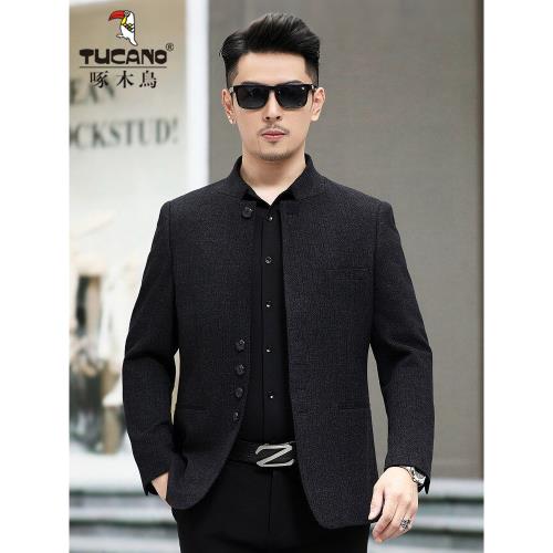 啄木鳥中式立領休閑西服男士2025秋季新款商務中山裝父親上衣外套