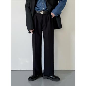 SF/新韓風chic風潮流時髦垂感西褲男士直筒黑色復古休閑西裝長褲