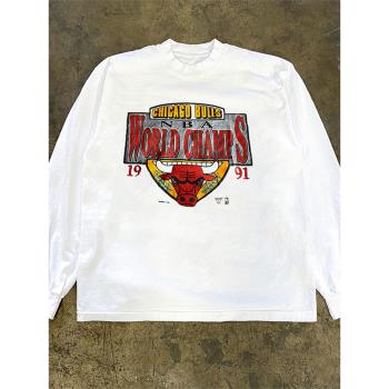 籃球美式vintage芝加哥運動潮流寬松長袖男女hipho嘻哈慵懶風T恤