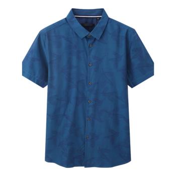Q1322九品牌剪標尾貨夏季男士簡約休閑深藍色提花60.6%棉短袖襯衫