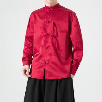 綢緞提花復古唐裝中國風長袖襯衫