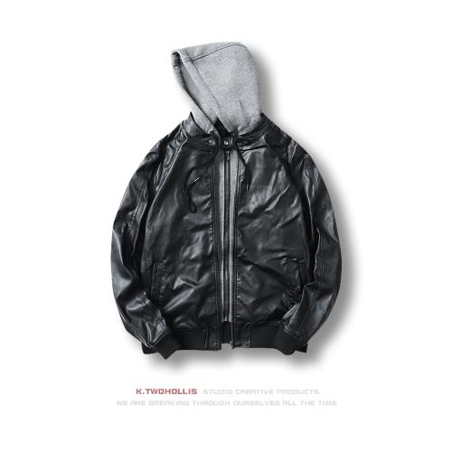 假兩件皮衣外套男新款秋冬新款黑色連帽大碼寬松休閑皮夾克上衣潮