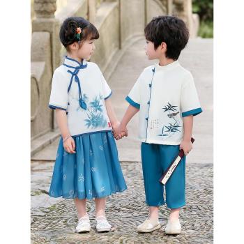 兒童改良版短袖漢服夏季男女童中國風國學唐裝套裝幼兒園表演出服