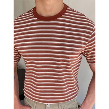 2023 春夏新款男士紅色條紋圓領毛織短袖T恤 Red stripe T-shirts