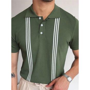 2023夏季新款男士綠色條紋短袖修身針織polo衫Green stripe shirt