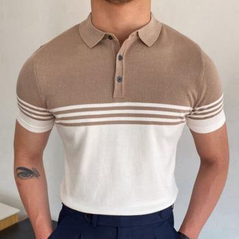 2023春夏季新款男士短袖拼色條紋商務休閑Polo衫Patchwork stripe