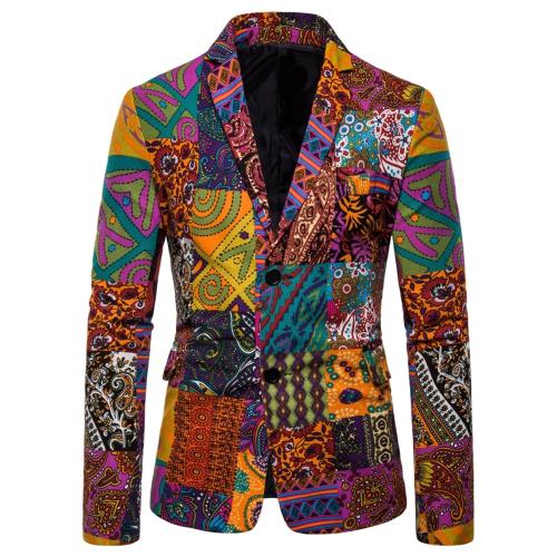 民族風印花男大碼排扣西裝外套Ethnic style printed suit jacket