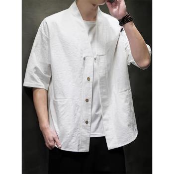 白色棉麻短袖襯衫男士夏季薄款寬松五分袖上衣中國風亞麻透氣襯衣