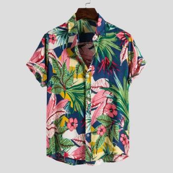 外貿亞馬遜歐碼夏季海邊度假短袖花襯衫男夏威夷情侶沙灘寬松襯衣
