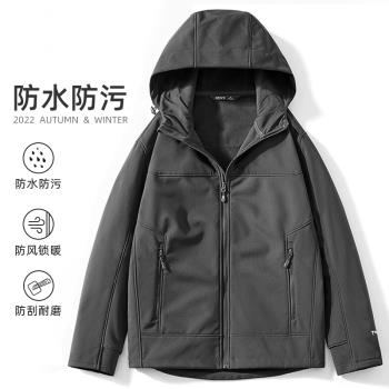 秋冬季薄絨胖子加肥連帽軟殼衣