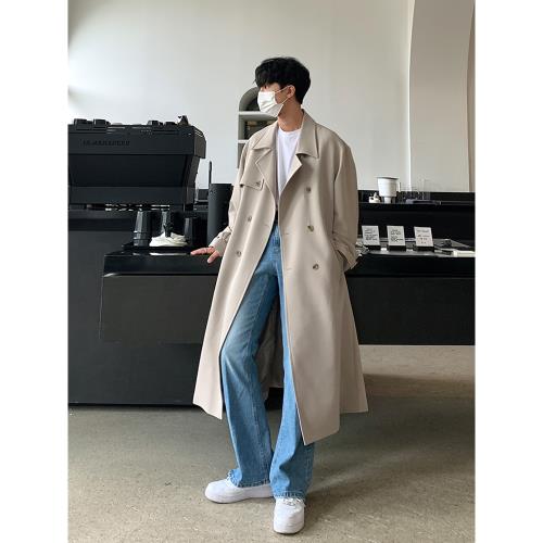 春秋新款翻領薄款風衣男中長款韓版英倫風寬松雙排扣休閑大衣外套