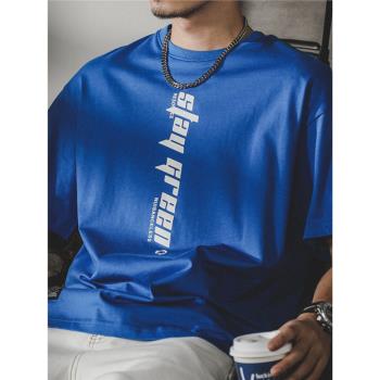 杰雷諾美式純棉印花短袖t恤男寬松大碼克萊因藍體恤潮流涼感上衣