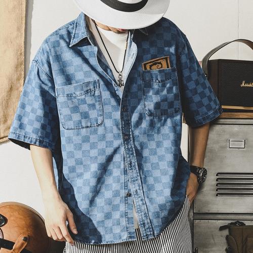 杰雷諾牛仔襯衣男款夏季寬松美式復古棋盤格短袖襯衫男半袖外套潮